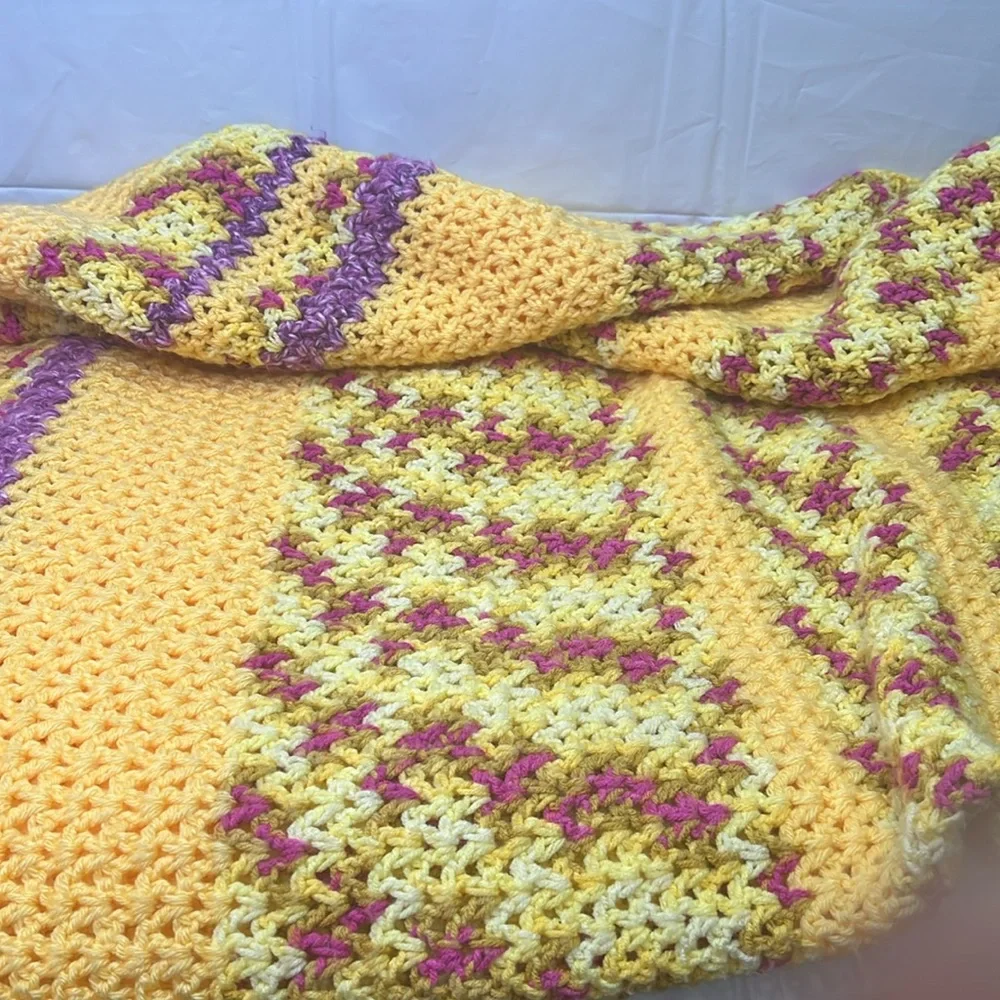 82” x 45” Hand Knit Throw Blanket Soft Yellow Purple